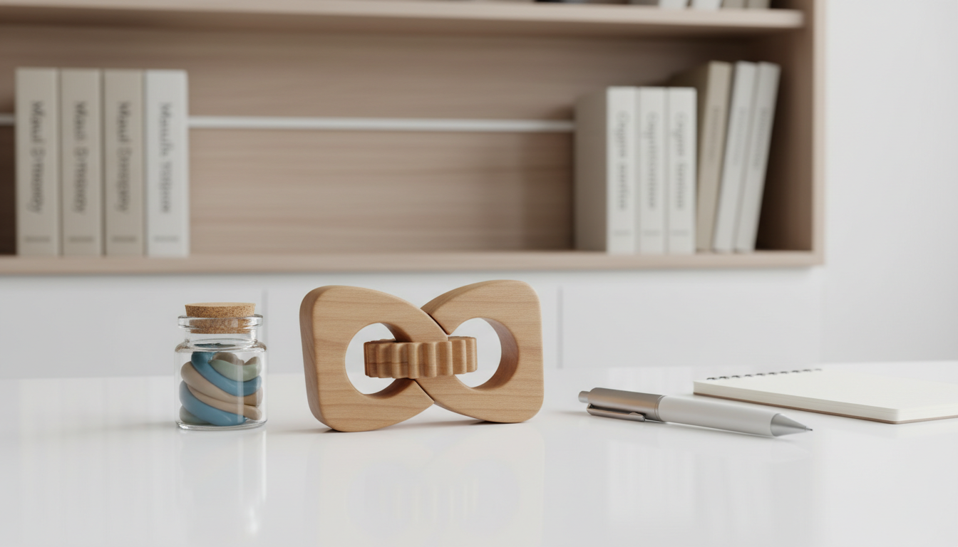 A polished set of occupational therapy tools, including a tactile wooden hand exerciser, textured therapy putty in a small glass jar, and a precision ergonomic pen, all arranged atop an uncluttered white workspace. In the background, a sleek, built-in bookshelf with neutral-colored therapy guides adds structure without drawing focus. Soft white overhead lighting creates crisp, professional highlights and minimal shadow, keeping attention on the varied textures of each tool. The camera captures the scene with sharp, straight-on focus and a subtly shallow depth, blending clinical structure with inviting warmth. The overall photographic realism aligns with a clean, corporate visual, illustrating the personalized care inherent to home-based therapy.