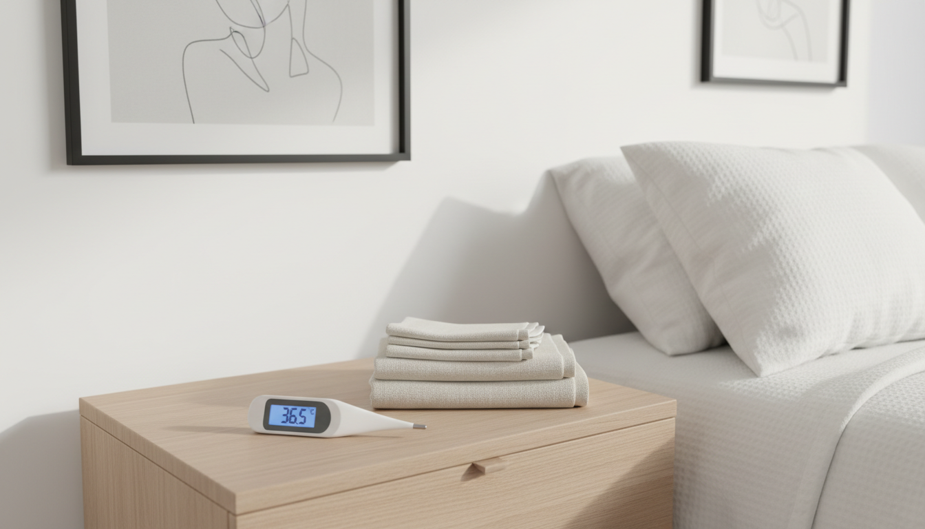A tranquil bedside scene featuring a sleek, touchless digital thermometer and a stack of neatly arranged linen towels resting atop a smooth oak nightstand with soft neutral hues. The backdrop reveals a tastefully decorated room, with crisp white walls and minimalist framed art, exuding comfort and order. Diffused overcast daylight seeps in from an unseen window, bathing the subjects in a soft, even glow and producing long, barely-there shadows, reinforcing a mood of gentle care. Photographed from a slightly elevated angle and framed for balanced composition, the setting projects a sense of safety and attentiveness, designed in a modern, photographic style to convey the site’s dedication to home health and wellness.