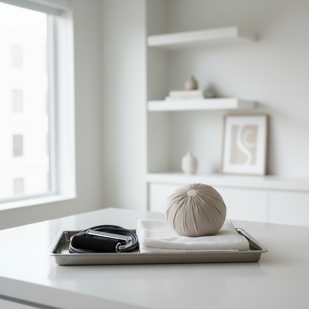 An elegant assortment of therapy tools, such as a chrome-handled resistance band, a soft neutral-toned therapy ball, and a carefully folded towel, displayed on a brushed steel tray situated atop a spotless white countertop in a modern living room. A hint of structured shelving and muted decor accents the balanced composition. Soft, indirect daylight fills the room from a nearby window, creating even highlights and gentle shadowing along the objects’ edges. The atmosphere is bright, orderly, and inspiring confidence in quality care. Captured in a centered, rule-of-thirds composition with medium depth of field to maintain clarity across the main arrangement. The photographic image emphasizes a clean, structured, and professional environment befitting a home health business.